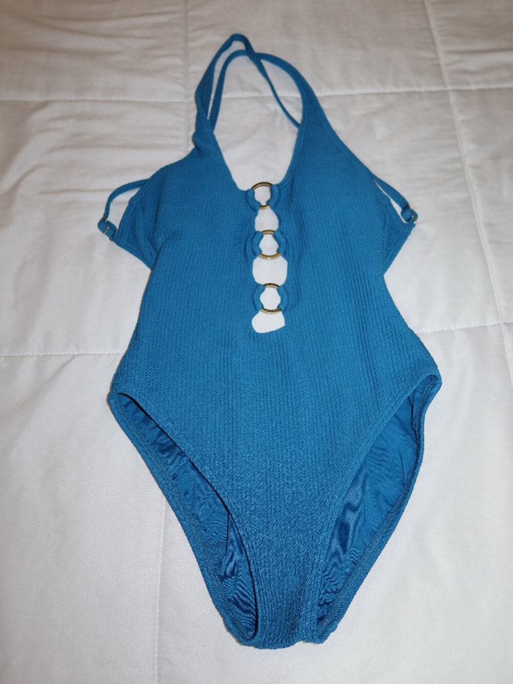 Michael Kors Teal Textured One-Piece Swimsuit with Gold Ring Detail